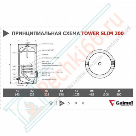 Одноконтурный бойлер косвенного нагрева Tower Slim 200 (Galmet)